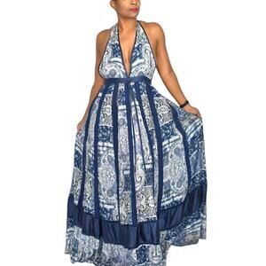 Young Fabulous Broke Maxi Dress Blue Paisley Patchwork YFB Low Cut Halter XS